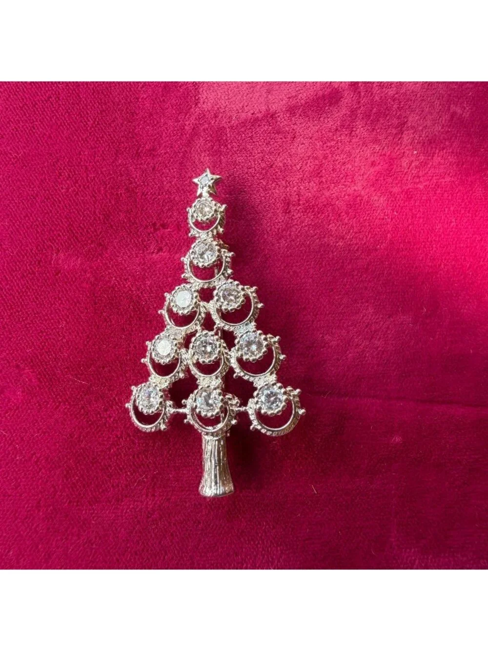 925 Sterling Silver Christmas Tree Brooch Pin Clear Rhinestone Holiday Jewelry